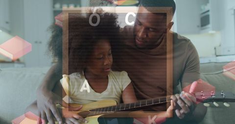 Father Teaching Daughter Guitar at Home with Back to School Theme