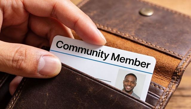 Pulling community member id from leather wallet showing smiling headshot portrait