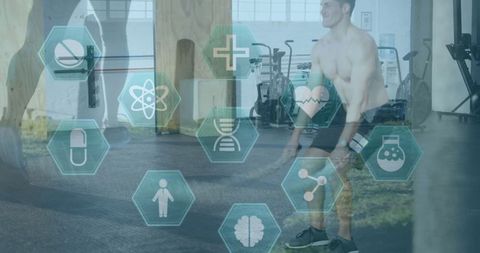Fitness Enthusiast Exercising with Health Icons Overlay