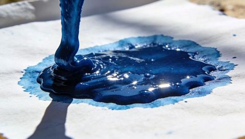 Pouring cobalt blue paint forming glossy pool with ripples on textured paper macro liquid pigment