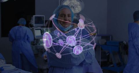 Surgeon Analyzing Holographic Cellular Network in Operating Room