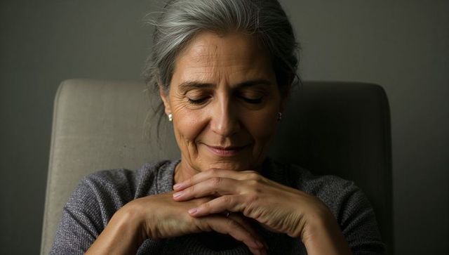 Mature woman resting chin on hands in high-backed chair, contemplative calm portrait