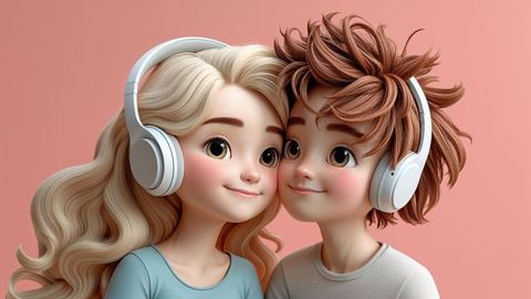 Siblings enjoying music together with headphones on coral background