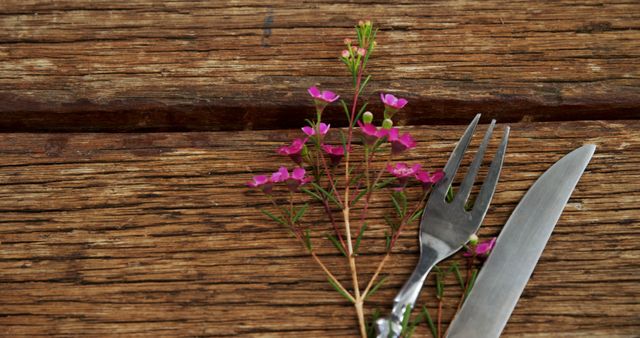 A fork and knife lie next to a small sprig of pink flowers on a rustic wooden table, with copy space. This setting suggests a natural, eco-friendly dining concept or a springtime meal theme.