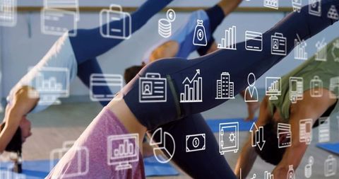 Group practicing yoga balancing pose with data overlays for fitness analytics and wellness