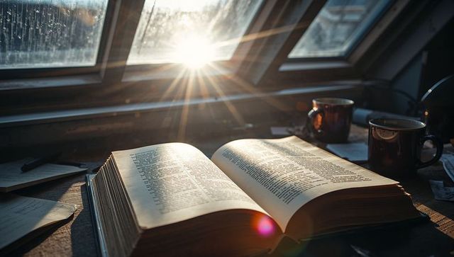 Sunlight Streaming Over Open Book in Loft Skylight, Mugs and Notes Warm Morning Ambience