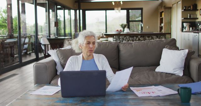 Senior Woman Working on Laptop in Modern Home Living Room - Download Free Stock Images Pikwizard.com