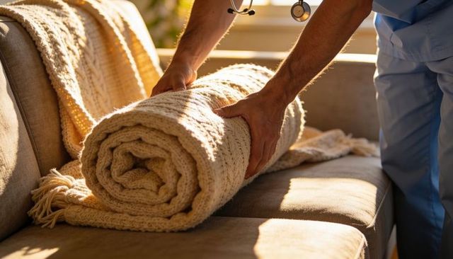 Caregiver rolling cream knit blanket on sofa in warm sunlight, cozy home care scene