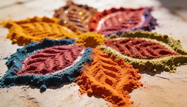 Vibrant rangoli powder art featuring glittering petal ridges and textured floral motif
