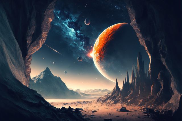 Image shows breathtaking view of alien planet through a cave entrance with orange planet, stars, and nebula. Majestic mountains and fantasy-like landscape create a captivating atmosphere. Ideal for use in science fiction illustrations, fantasy artwork, space exploration themes, or book covers.