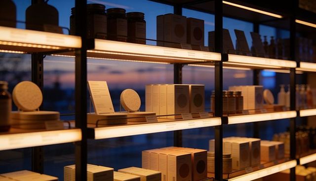 Twilight boutique skincare display with warm led shelving and minimalist packaging