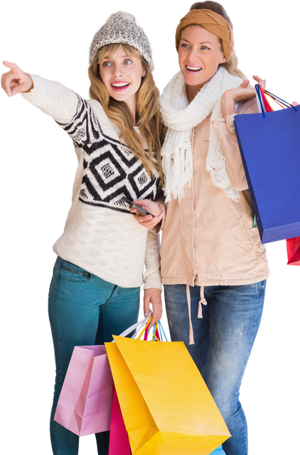 Joyful Women with Shopping Bags Enthusiastically Pointing at Transparent Background - Download Free Stock Videos Pikwizard.com