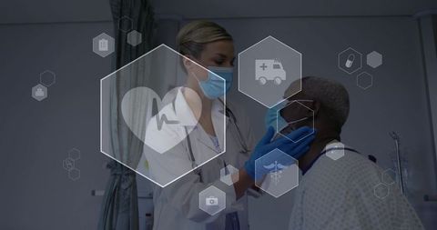 Female doctor wearing mask and gloves examining patient throat in clinic with medical hud
