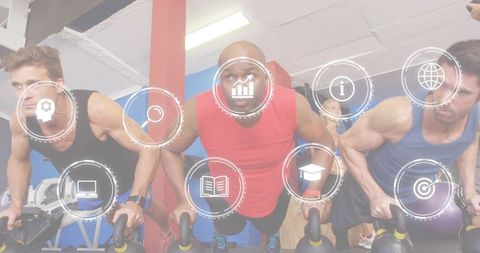 Group kettlebell push-up training with digital performance overlays for strength and teamwork