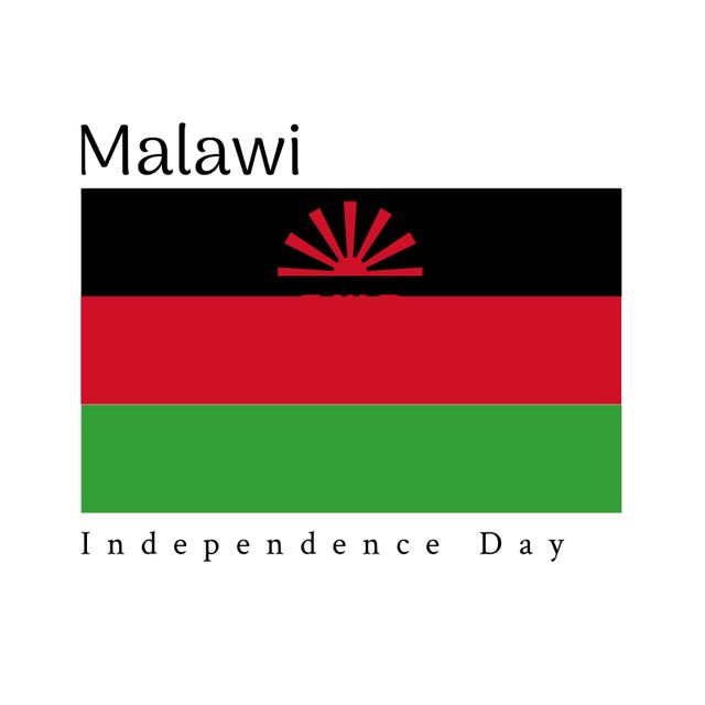 Graphic depicting Malawi's national flag with an 'Independence Day' text overlay. Can be used in articles, social media posts, and event announcements celebrating Malawian Independence Day on July 6th, promoting cultural pride and historic significance.