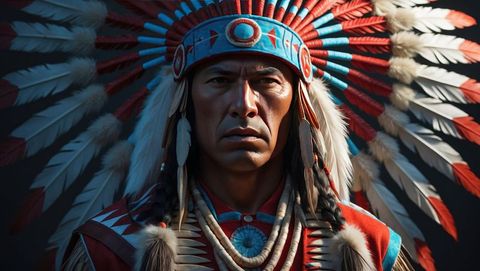 Native american man in traditional feathered headdress posing in studio