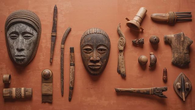 Displaying vintage african wooden masks and tribal artifacts flatlay on terracotta backdrop