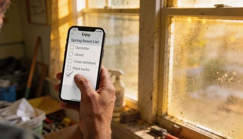 Hand holding smartphone showing spring reset checklist in sunlit workshop with sprayer