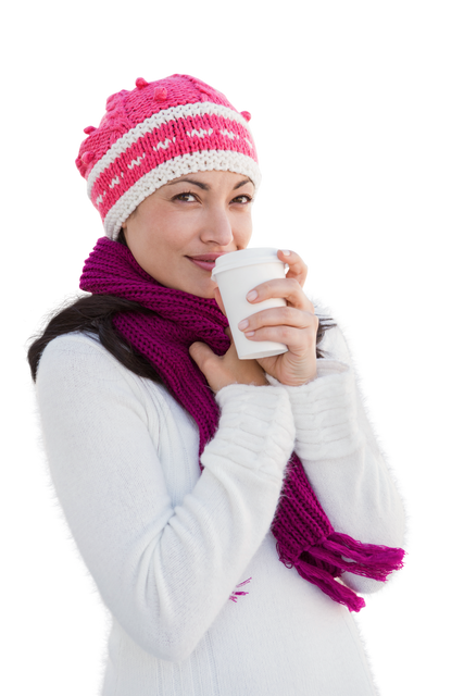 Happy Woman in Warm Clothes Holding Hot Drink Transparent Background Isolated - Download Free Stock Videos Pikwizard.com