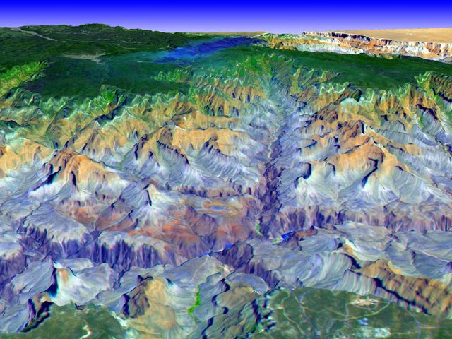 Illustrates advanced satellite imaging showing detailed elevation and color variations of the Grand Canyon. Ideal for educational use in geography, geology, environmental science. Useful for publications related to natural wonders, landscape studies, and tourism in Arizona.