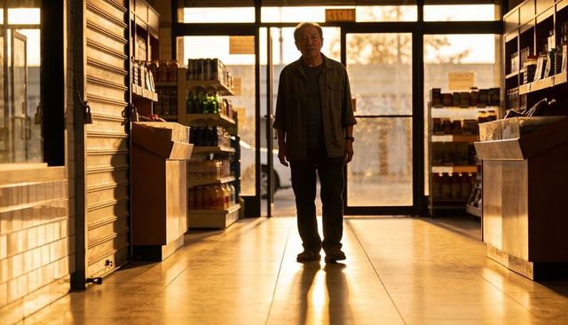 Senior man standing in backlit grocery aisle during golden hour silhouette mood