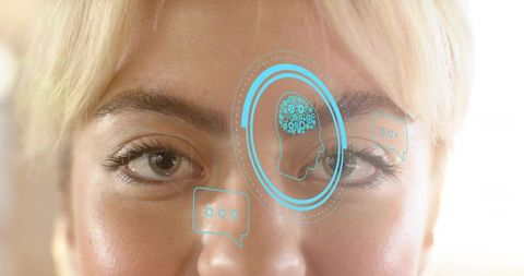 Blonde woman viewing holographic brain interface with chat bubbles, ai cognition closeup