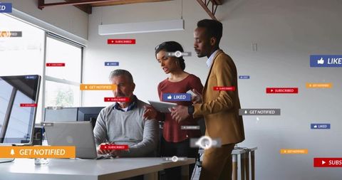 Team collaborating at laptop with floating social media notifications and engagement badges
