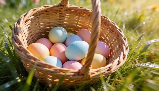 Pastel easter eggs in wicker basket on dewy grass, sunlit spring meadow closeup