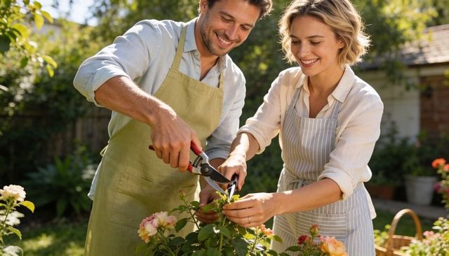 Smiling couple trimming rose bushes together in sunlit backyard garden wearing aprons