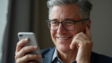 Smiling middle-aged businessman holding smartphone during video call, close-up headshot