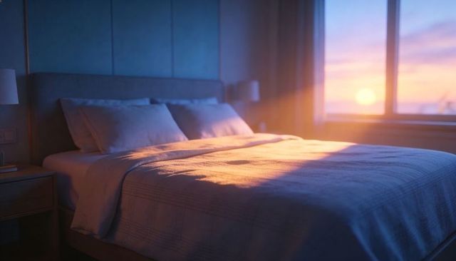 Sunrise light on neatly made bed with duvet, pillows and padded headboard in cozy bedroom