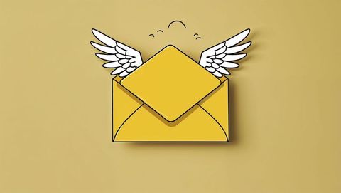 Email delivery concept imagery with flying yellow envelope and wings