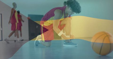 Diverse basketball players with bahamas flag overlay