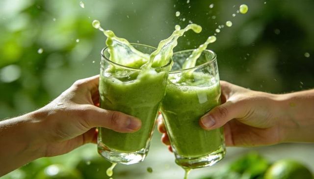 Clinking green smoothie glasses splashing fresh detox drink toast in lush outdoor scene