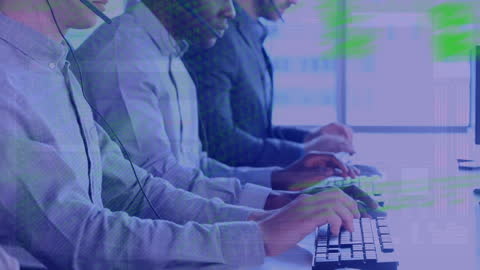 Diverse Team in Office Using Headsets and Text Analysis Symbols