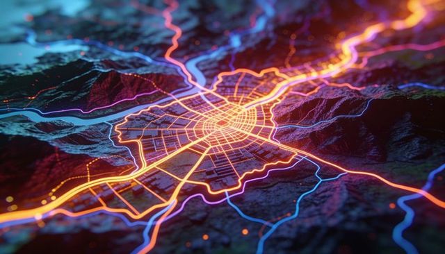 Glowing radial city model revealing neon arterial networks and holographic topography