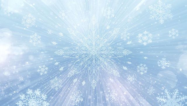 Radiating ornate snowflake on icy blue gradient with sparkling light rays and frosty bokeh