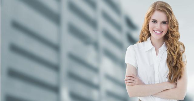 Digital composite of Portrait of confident businesswoman standing against building