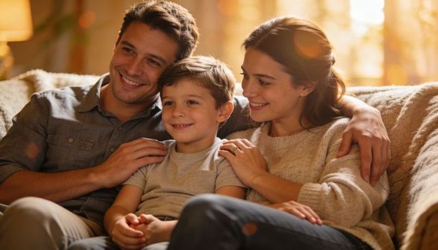 Cozy family cuddling on sofa at home, parents embracing smiling young son