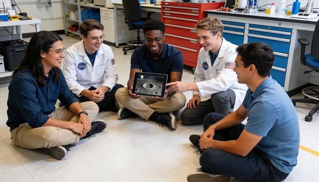 Engineering students analyzing lunar crater on tablet while collaborating in space lab
