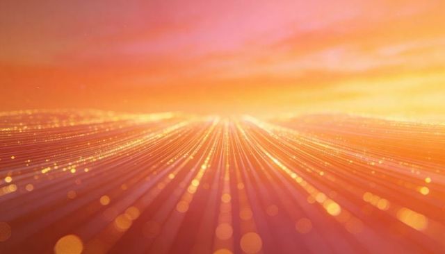 Radiant golden lines converging toward horizon glowing digital light field