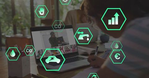 Collaborating on sustainability metrics in remote learning with virtual analytics overlay