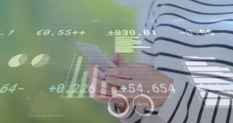 Woman Analyzing Financial Data on Smartphone with Economic Graphs Overlay