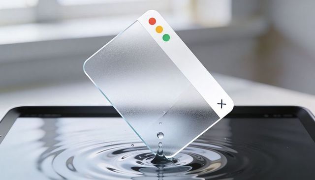 Translucent glass browser panel floating above tablet creating water ripple and droplet