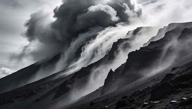 Erupting volcanic peak sending ash plume and cascading volcanic ash over jagged ridges