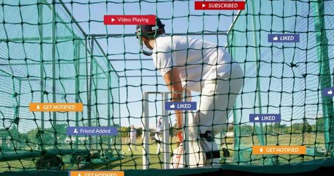 Cricketer engaged with social media overlays in practice net