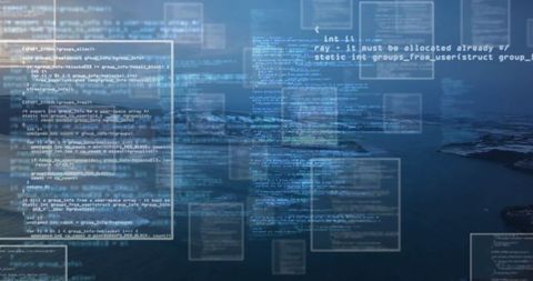 Futuristic Code Panels Floating Over Serene Waters