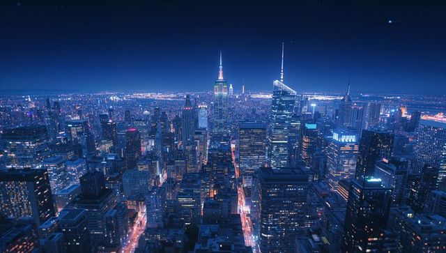 Nighttime manhattan skyline glowing with lit spires and street grid from aerial view