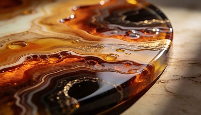 Polished amber resin agate disc with gold flakes and bubbles on marble surface