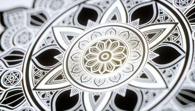 Monochrome ornamental mandala with intricate filigree, concentric rings and center rosette